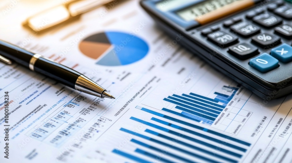 Aufkleber a detailed shot of a printed financial report with various charts and graphs, with a pen and calcula