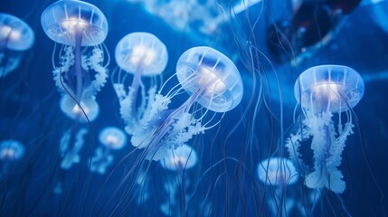 Many light blue jellyfishes in deep dark blue water. Neural network ai generated art