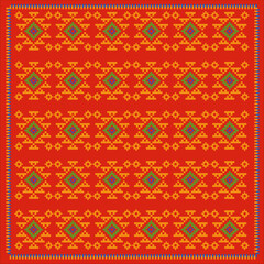 Pixelated Aztec Tapestry Vibrant Red Background with Yellow and Teal Geometric Patterns