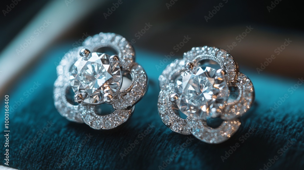 Aufkleber A detailed shot of a pair of diamond earrings with a unique design, captured with a macro lens to emphasize the cut and sparkle of each stone.