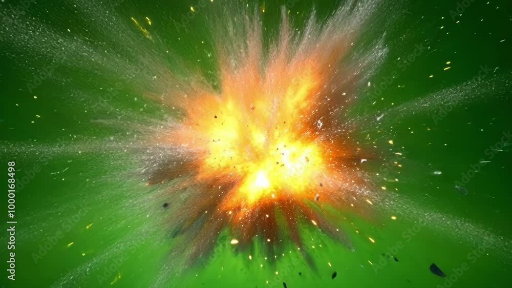 Poster powerful explosion is creating a large cloud of fire, smoke and debris, captured on a green screen b