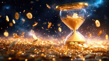 Dynamic flash sale concept with floating coins and gold hourglass for time-limited offers