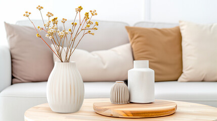 Vases with flowers in minimalist home decor for elegant interior design inspiration