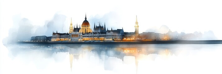 Obraz premium A picturesque watercolor illustration of the Hungarian Parliament Building in Budapest, showcasing its grandeur, architecture, and the serene Danube River reflecting the city lights.