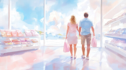 A couple is shopping in a store, holding pink bags