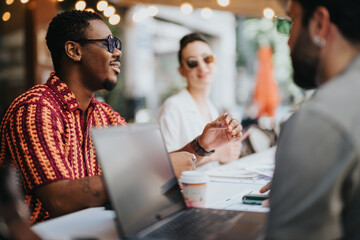 Colleagues collaborating and having an outdoor business meeting, engaged in discussion and teamwork over coffee and laptops.