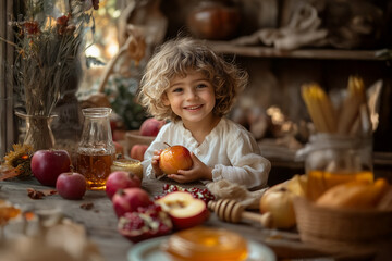 Happy Child Celebrating Rosh Hashanah with Honey and Apples and Pomegranate