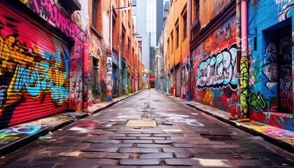 Fototapeta premium Narrow street in the city, full of colorful painted murals and graffiti