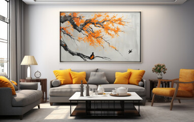 Stylish living room interior with comfortable sofa.