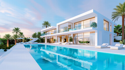 Modern house with luxury home design and beautiful swimming pool surrounded by palm trees