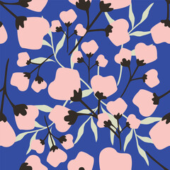 blue seamless vector stock flowers with leaves pattern on cream background