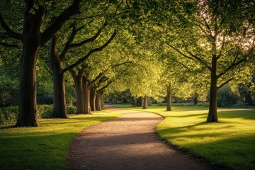 Fototapeta premium Winding Path Through a Canopy of Sunlight-Dappled Trees