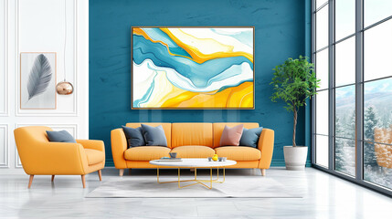 Modern living room interior design with colorful artwork and stylish furniture
