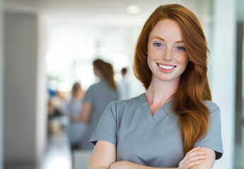 Smiling redhead nurse wearing grey scrubs in a bright and inviting hospital hallway