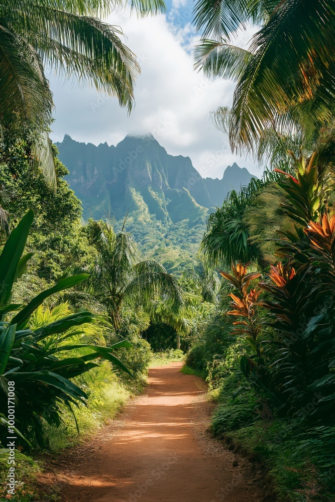 Poster a path through a jungle with a mountain in the background. the path is made of dirt and is surrounde
