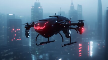 A sleek, black drone with glowing red lights soars over a futuristic cityscape, symbolizing technological advancement, urban exploration, aerial transportation, self-sustaining power, and the future o