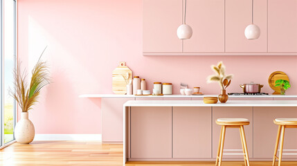 Obraz premium Modern kitchen interior design with stylish decor and vibrant colors showing an inviting cooking space