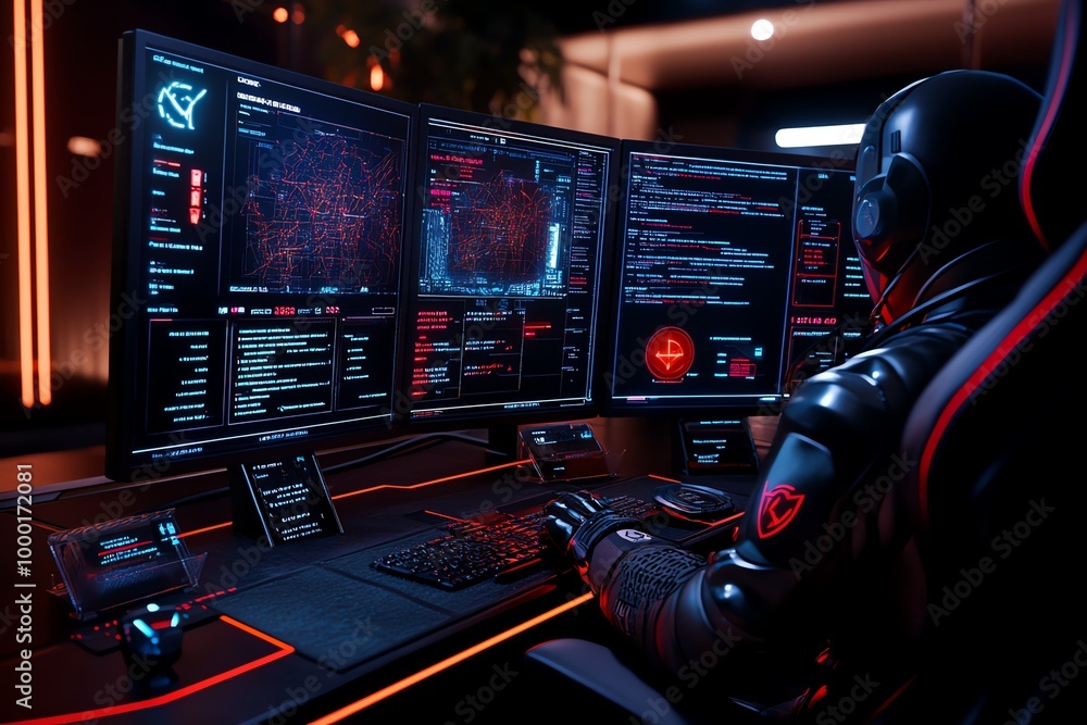 Aufkleber Hyper-realistic scene of a hacker breaking into a high-security network, with detailed screens showing warning messages, digital maps, and encrypted files