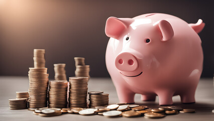 Concepts of saving money and financial planning. piggy bank on wood table, income, return, retirement, compensation fund, investment, dividend tax. Generative Ai.