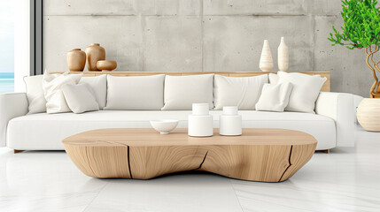 Obraz premium Sofa with Modern Furniture in Contemporary Interior Design Featuring Minimalist Accessories and Natural Elements