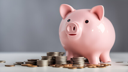 Concepts of saving money and financial planning. piggy bank on wood table, income, return, retirement, compensation fund, investment, dividend tax. Generative Ai.