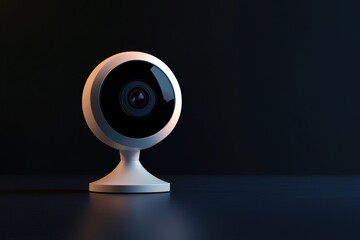 White Security Camera with a Black Lens on a Dark Table