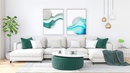 Sofa in modern living room with interior design green accents and art decor