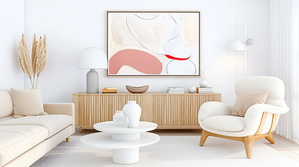 Living room with modern decor and elegant interior design featuring minimalistic furniture and art