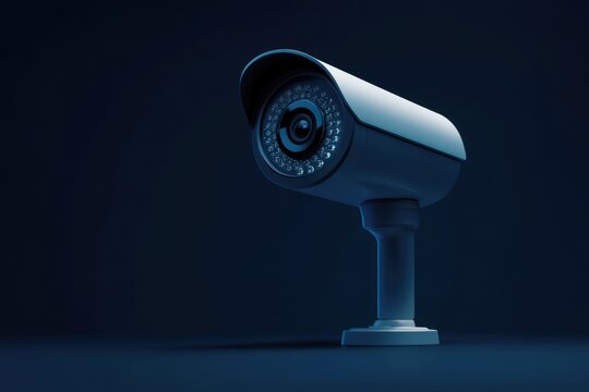 A White Security Camera With a Black Lens and a Blue Background