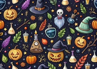 Halloween pattern. Hand drawn icons set. Seamless background. Holiday icons and attributes. Drawing, doodle. Poison preparation on a fire. Witchcraft potion. Wizard hat.