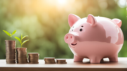 Concepts of saving money and financial planning. piggy bank on wood table, income, return, retirement, compensation fund, investment, dividend tax. Generative Ai.