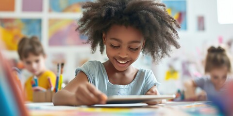 Fototapeta premium A young girl is sitting at a table with a tablet in front of her. She is smiling and she is enjoying herself. The scene suggests a fun and engaging learning environment