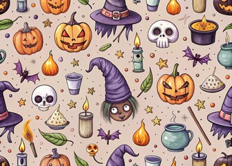 Halloween pattern. Hand drawn icons set. Seamless background. Holiday icons and attributes. Drawing, doodle. Poison preparation on a fire. Witchcraft potion. Wizard hat.