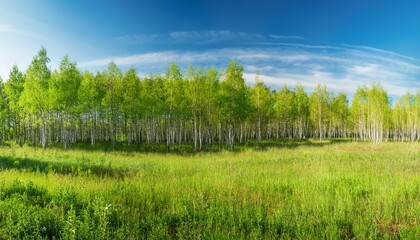 Fototapeta premium Fresh green birch trees (Betulaceae ) with blue sky. Forest summer sprig nature landscape background banner wide panoramic panorama