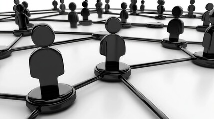 Numerous black figures are interconnected by lines on a white surface, illustrating the concept of social networks and relationships in a digital world