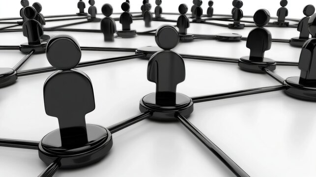 Numerous black figures are interconnected by lines on a white surface, illustrating the concept of social networks and relationships in a digital world