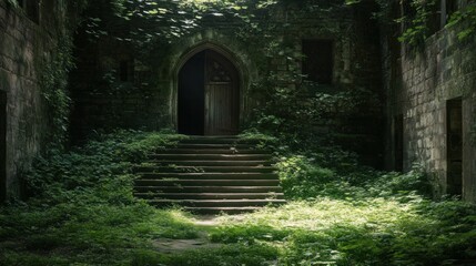 A set of stone steps covered in moss and climbing plants lead to a rustic wooden door of an ancient, abandoned building, illuminated by soft natural light filtering through the trees