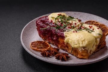 Delicious sweet brioche sandwich with raspberry jam and ricotta cream
