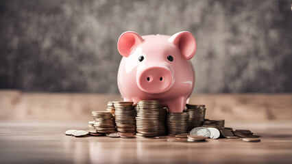 Concepts of saving money and financial planning. piggy bank on wood table, income, return, retirement, compensation fund, investment, dividend tax. Generative Ai.