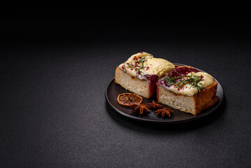 Delicious sweet brioche sandwich with raspberry jam and ricotta cream