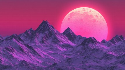 The scene captures towering mountains illuminated by a large, bright pink moon hanging low in the sky at sunset, creating a breathtaking celestial ambiance over the landscape