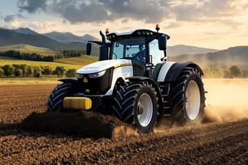 Hyper-realistic tractor plowing a field, with dust kicking up and the sunlight casting deep shadows, showing every detail of the machinery and the freshly turned earth