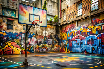 Fototapeta premium graffiti on the wall Basketball court in an alleyway