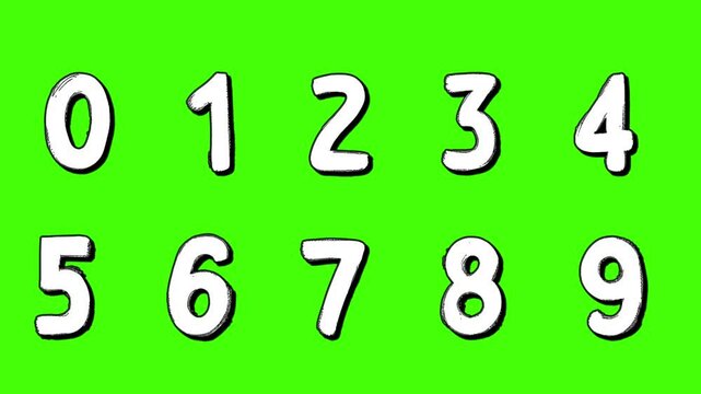 Set of animated signs of digits or numbers in stopmotion animation style hand drawn on green screen chroma key background
