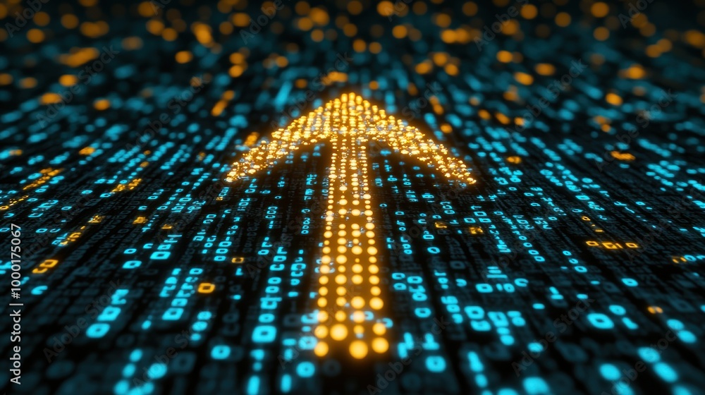 Poster a prominent orange arrow stands out against a backdrop of cascading blue binary numbers, symbolizing
