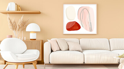 Modern interior with artwork and stylish decor featuring abstract art style and neutral tones
