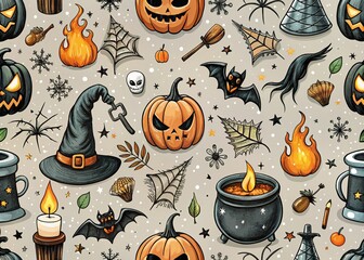 Halloween pattern. Hand drawn icons set. Seamless background. Holiday icons and attributes. Drawing, doodle. Poison preparation on a fire. Witchcraft potion. Wizard hat.