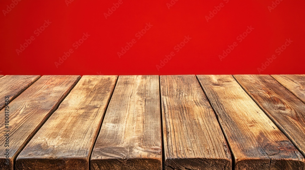 Poster a rustic wooden table with visible grain patterns and edges is positioned in front of a bold red wal