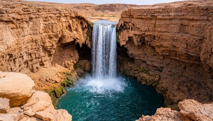 Massive waterfall crashing into a rocky pool in a desert wilderness, surrounded by arid cliffs and sparse vegetation Waterfall plunge wilderness, Desert oasis adventure