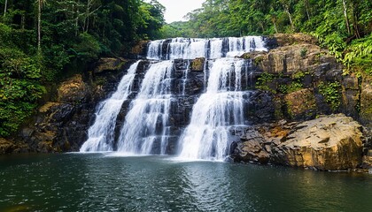 A dramatic waterfall cascading over rocky ledges into a deep jungle, the wilderness dense and vibrant, untouched by civilization Waterfall plunge wilderness, Lush jungle paradise